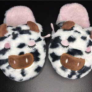 Wonder Nation Cozy Cow Plushie Slippers Black White Pink Holstein 3D Ears Horns
